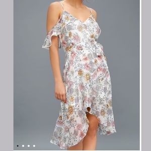 Arpeggio White Floral Print Off Shoulder High-Low